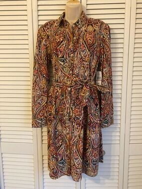 NWT Tommy Hilfiger Corduroy Paisley Dress Size 14 Puff Sleeves Western Hippie